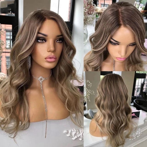 Lace Front Humana ondulada loira com mechas 65cm 13x4 HD - Brenda