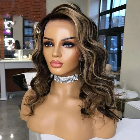 Lace Front Humana ondulada loira com mechas 45cm 13x4 HD -Micaela
