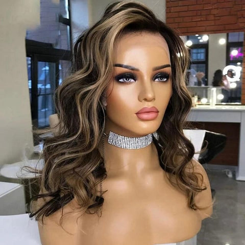 Lace Front Humana ondulada loira com mechas 45cm 13x4 HD -Micaela