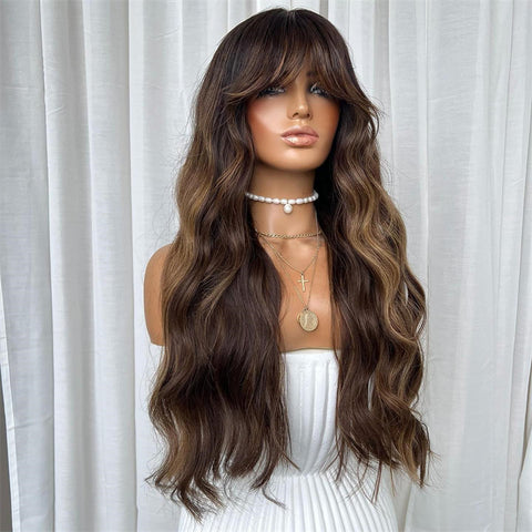 Lace Front Humana Ondulada com franja morena iluminada 70cm 13x4 HD - Valeria