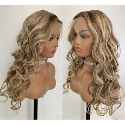 Lace Front Humana Ondulada loira com mechas 65cm 13x4 HD -Sheila