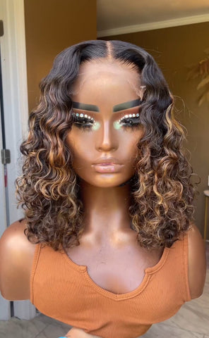Lace Front Humana cacheada morena iluminada 45cm 13x4 HD -Grasiela